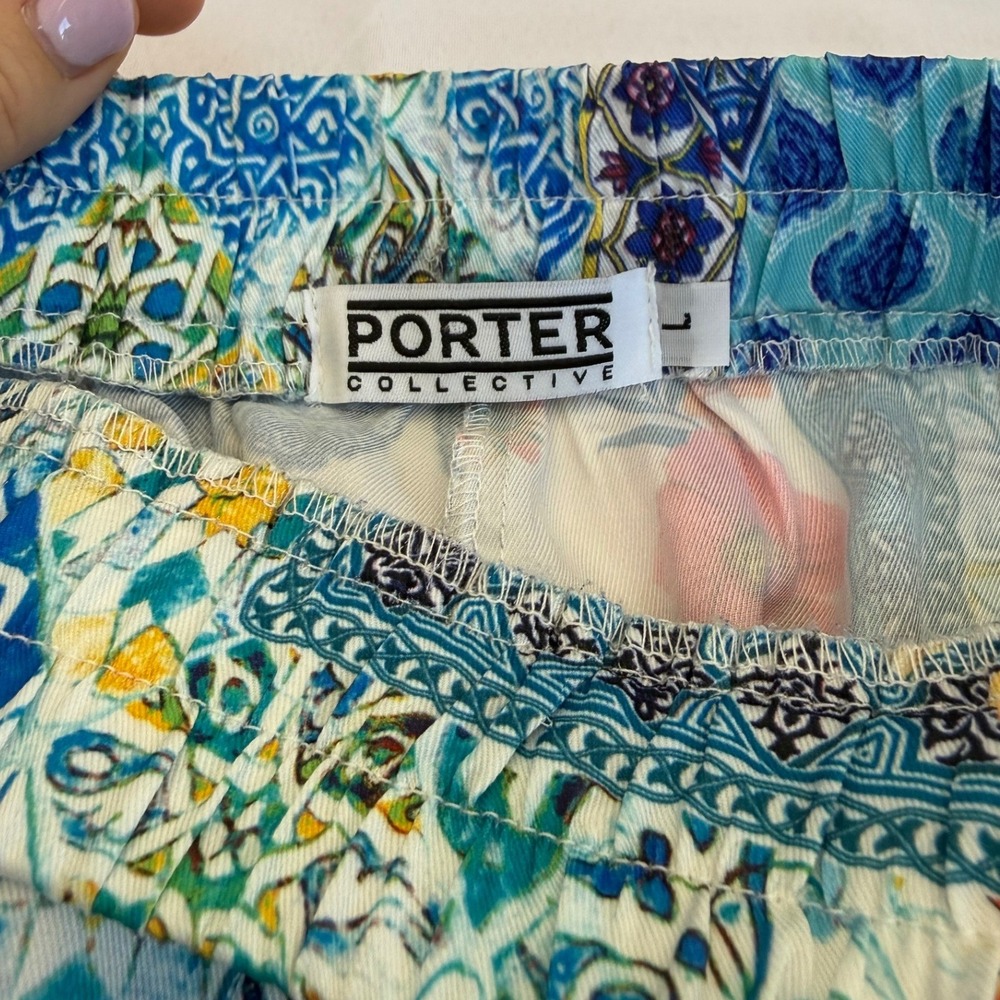 Porter Collective Womens Wide Leg Crop Pants L Blue Patchwork Floral Boho Crop - Picture 3 of 6